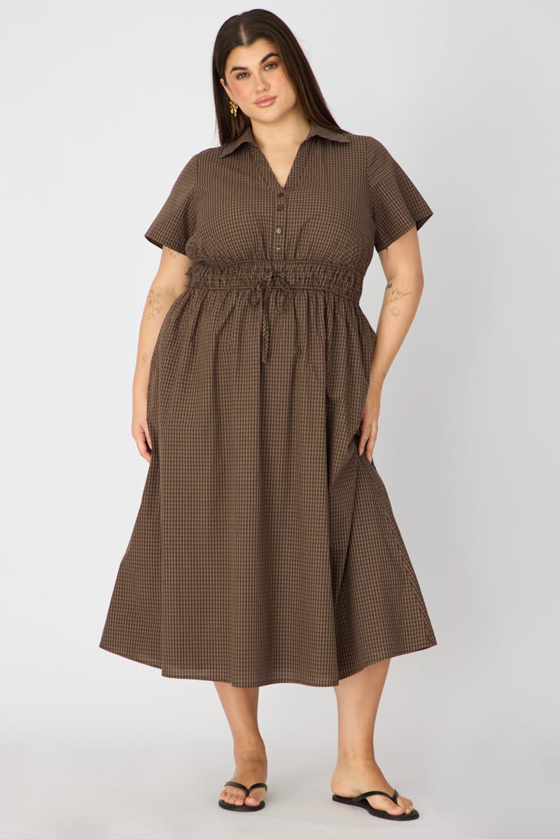 Brown Check Shirt Dress Short Sleeve for YouandAll Fashion