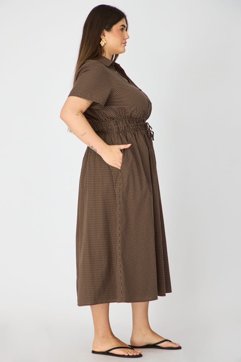 Brown Check Shirt Dress Short Sleeve for YouandAll Fashion