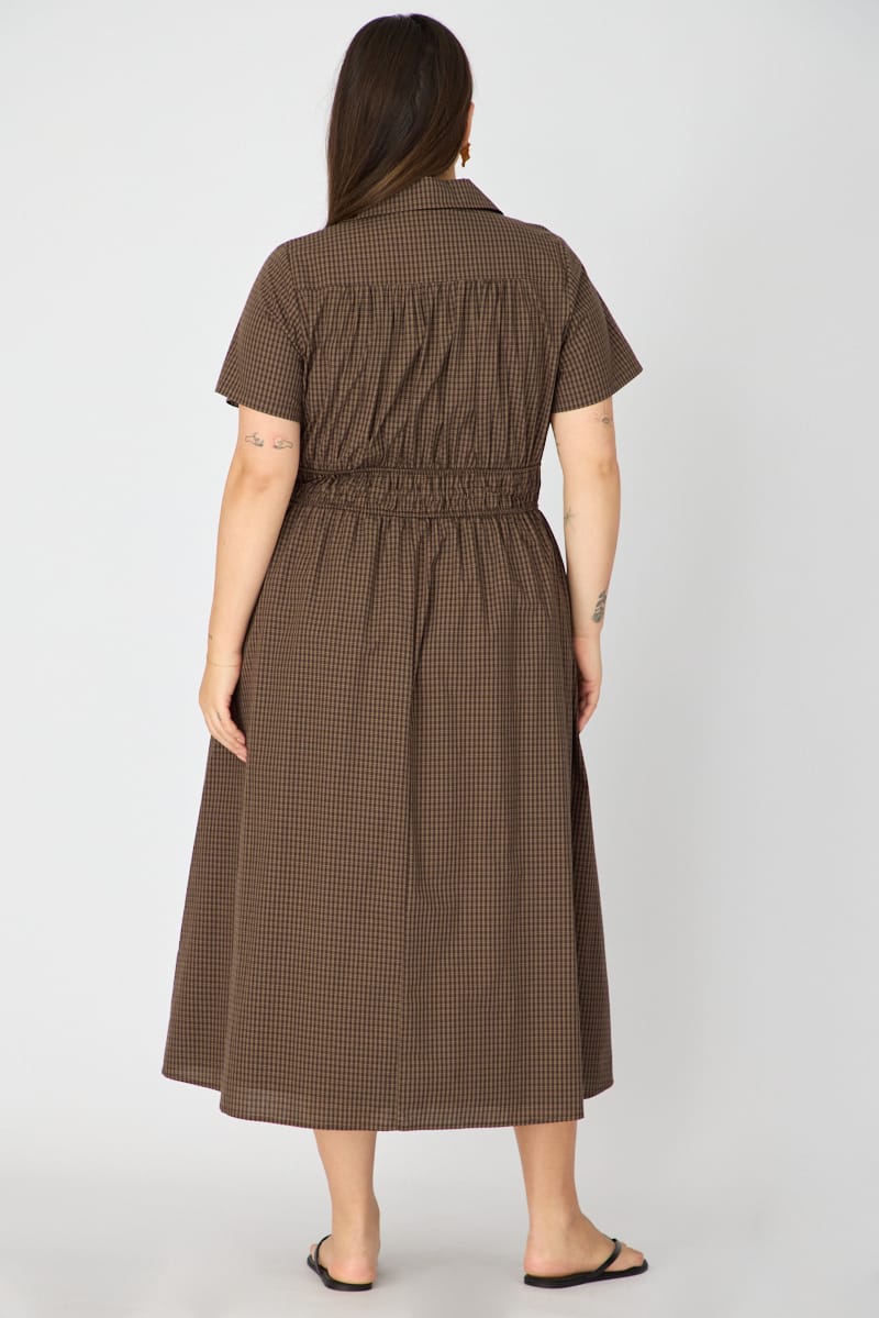 Brown Check Shirt Dress Short Sleeve for YouandAll Fashion
