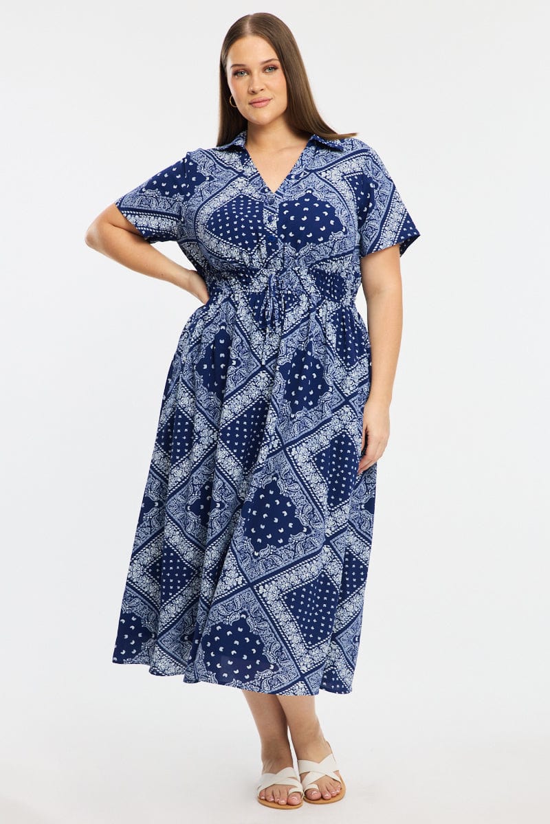 Blue Paisley Shirt Midi Dress Short Sleeve for YouandAll Fashion