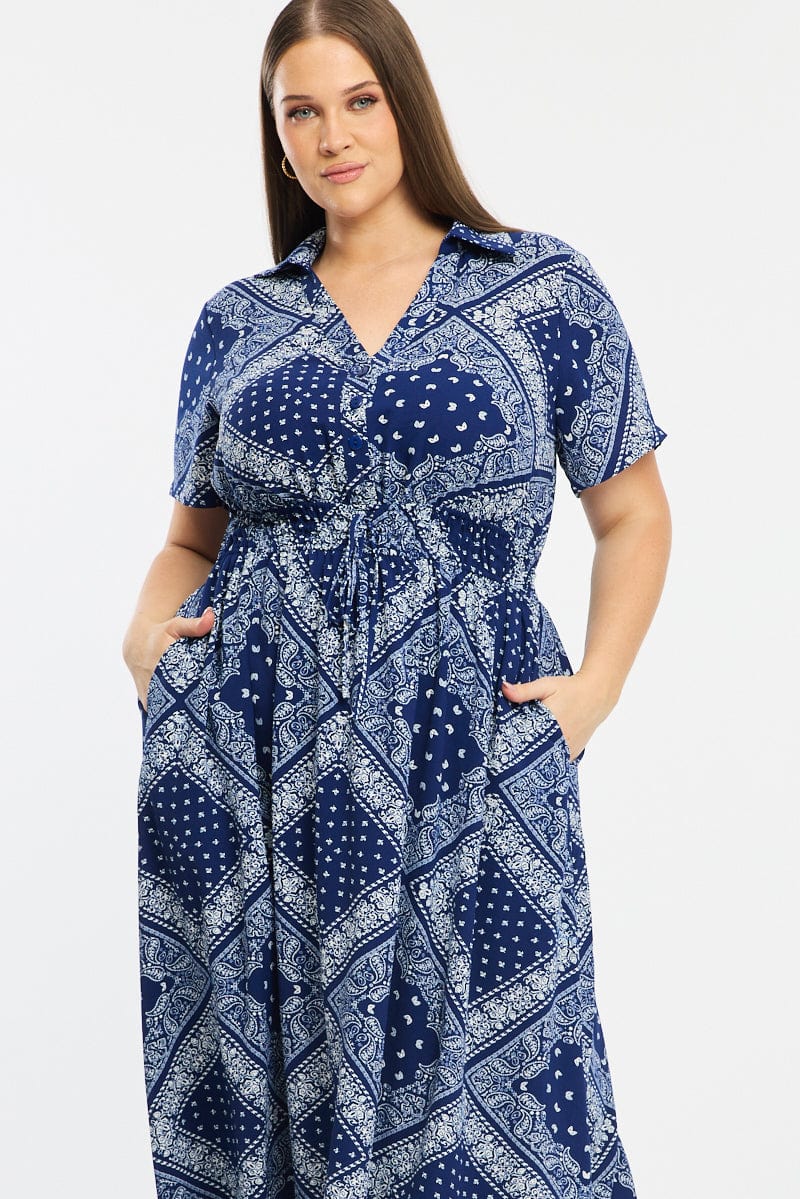 Blue Paisley Shirt Midi Dress Short Sleeve for YouandAll Fashion
