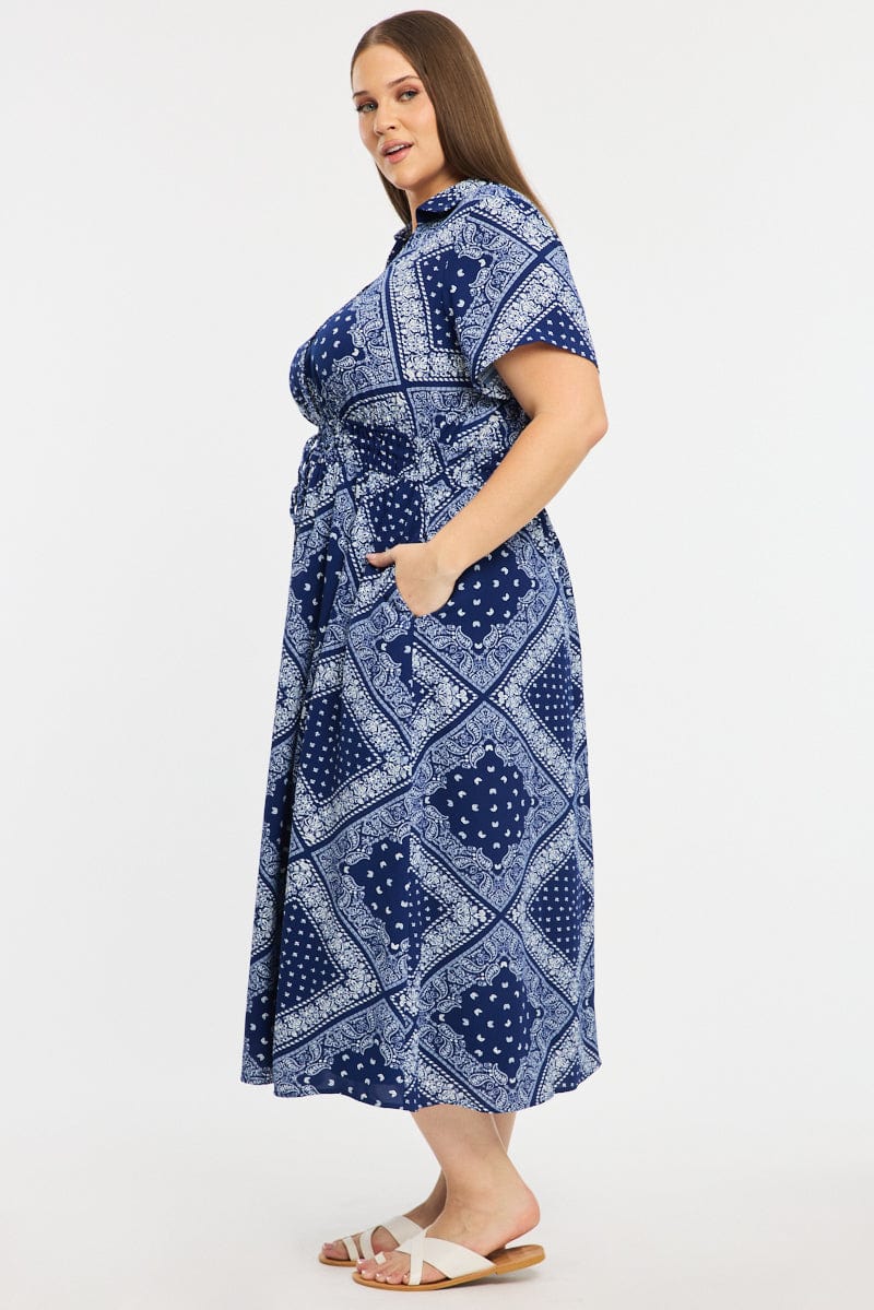 Blue Paisley Shirt Midi Dress Short Sleeve for YouandAll Fashion