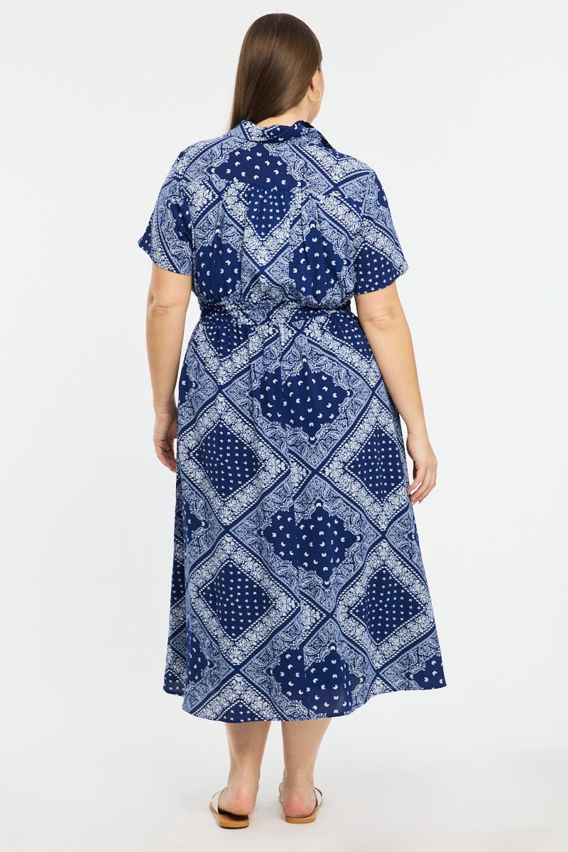 Blue Paisley Shirt Midi Dress Short Sleeve for YouandAll Fashion