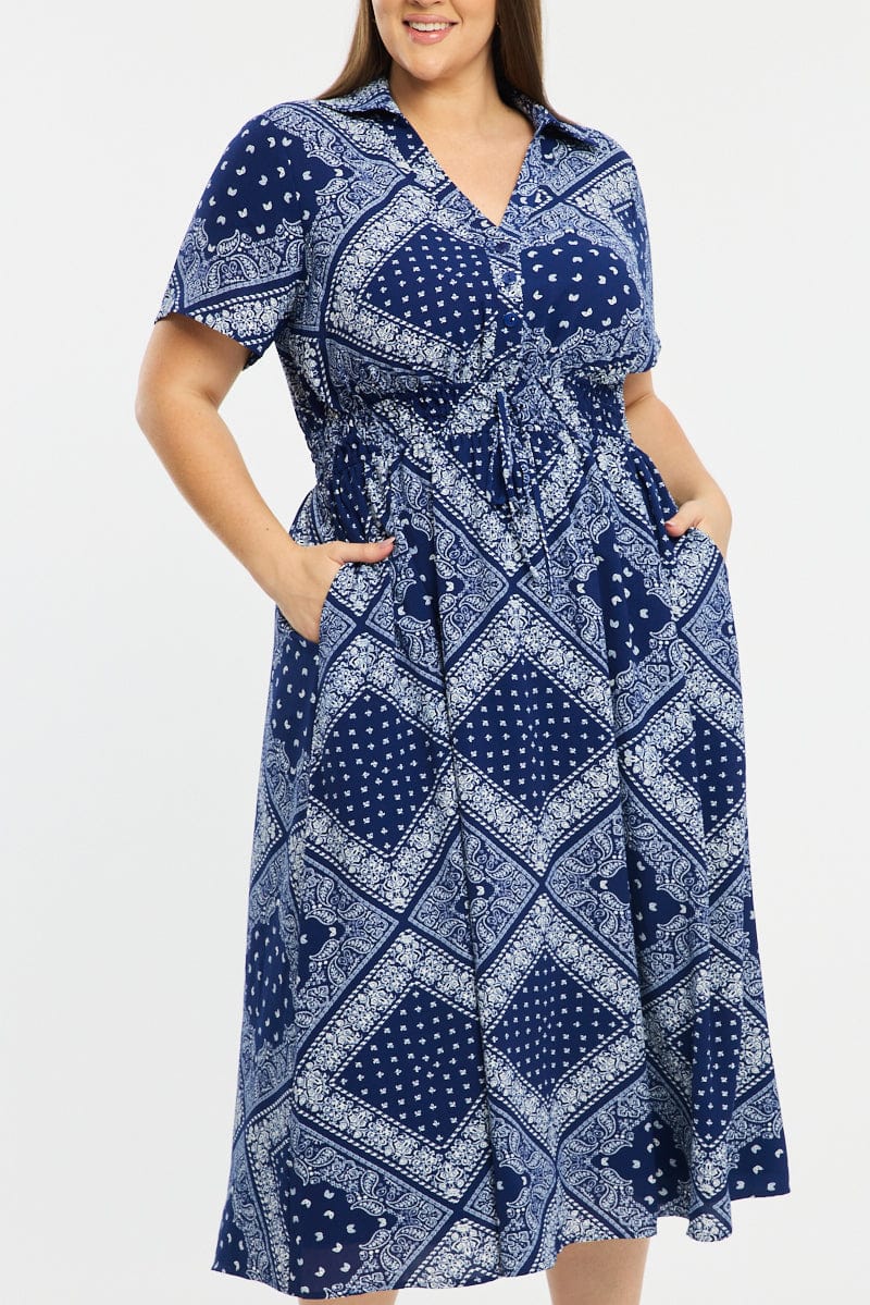 Blue Paisley Shirt Midi Dress Short Sleeve for YouandAll Fashion