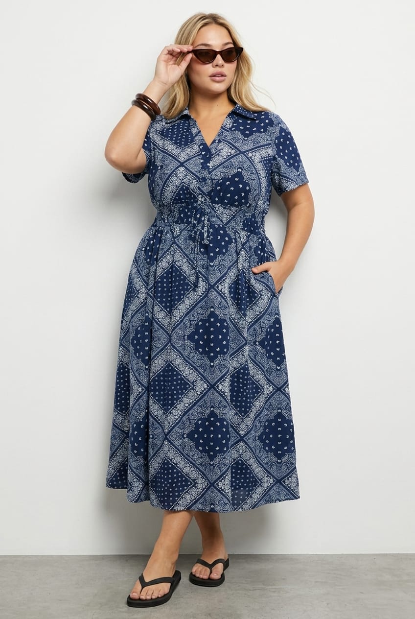 Blue Paisley Shirt Midi Dress Short Sleeve