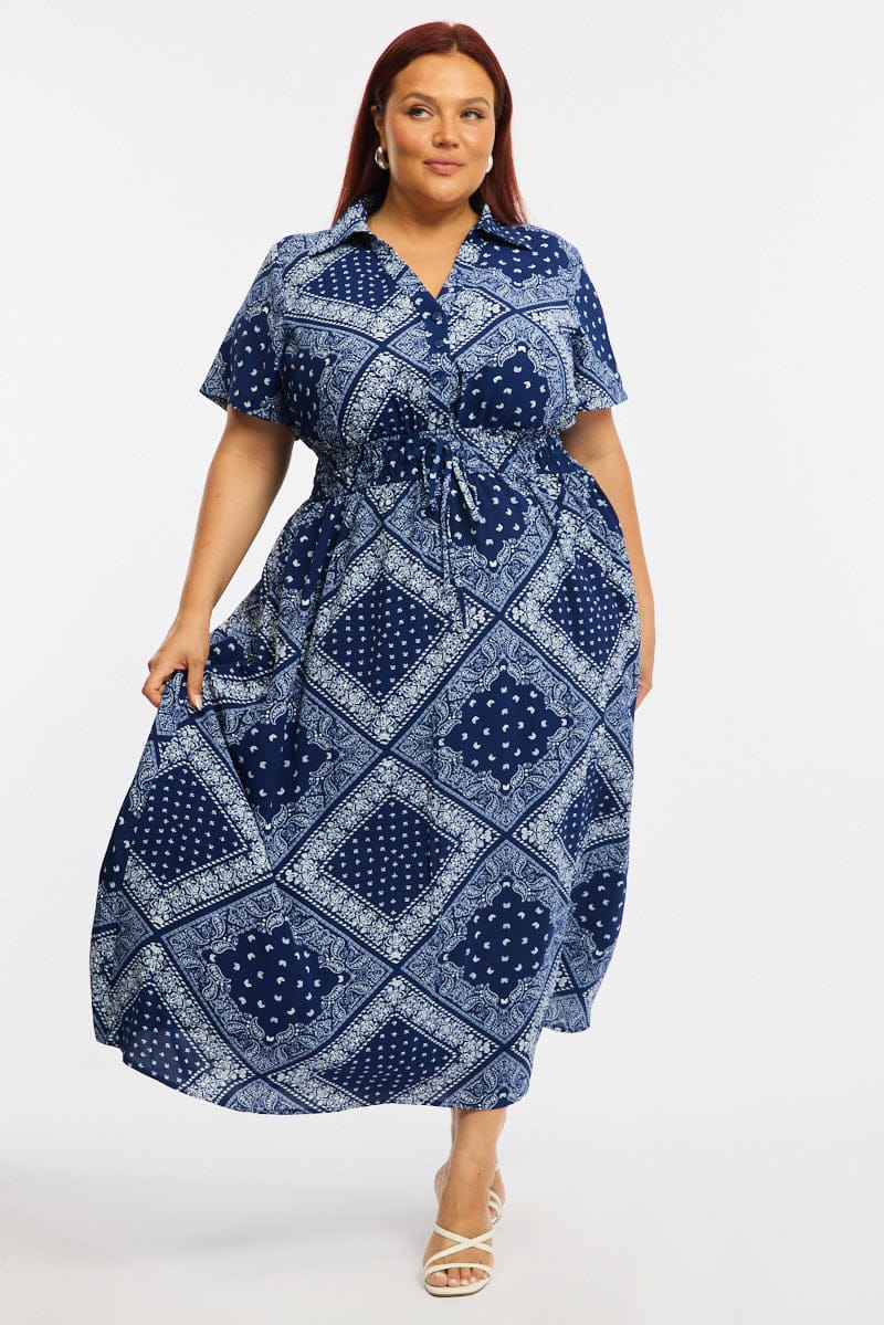 Blue Paisley Shirt Midi Dress Short Sleeve for YouandAll Fashion