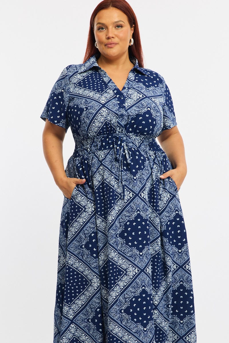 Blue Paisley Shirt Midi Dress Short Sleeve for YouandAll Fashion