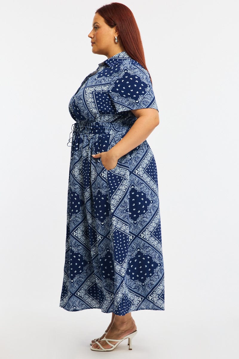 Blue Paisley Shirt Midi Dress Short Sleeve for YouandAll Fashion