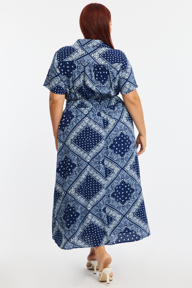 Blue Paisley Shirt Midi Dress Short Sleeve for YouandAll Fashion