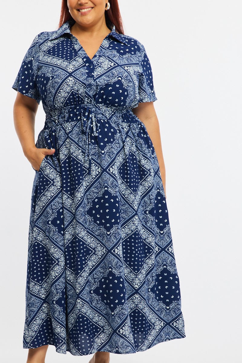 Blue Paisley Shirt Midi Dress Short Sleeve for YouandAll Fashion