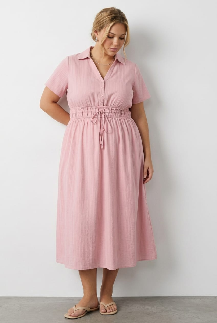Pink Shirt Midi Dress Short Sleeve for YouandAll Fashion