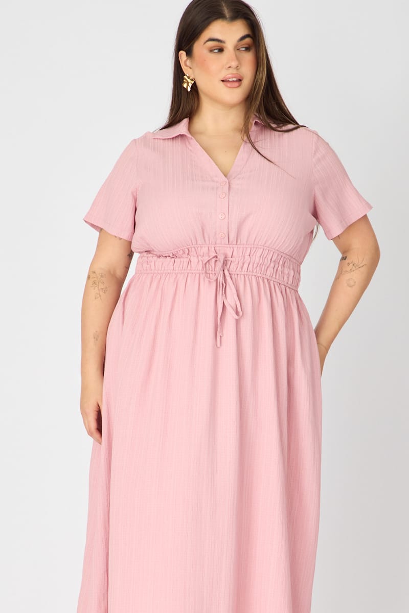 Pink Shirt Midi Dress Short Sleeve for YouandAll Fashion