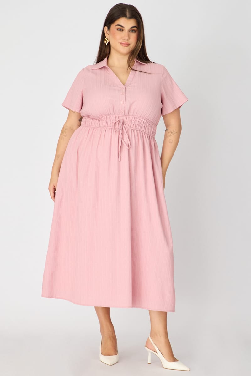 Pink Shirt Midi Dress Short Sleeve for YouandAll Fashion