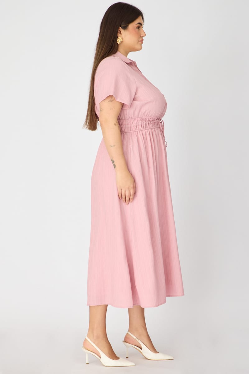 Pink Shirt Midi Dress Short Sleeve for YouandAll Fashion