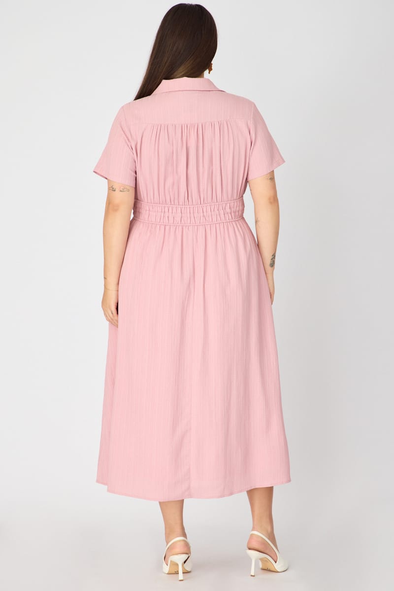 Pink Shirt Midi Dress Short Sleeve for YouandAll Fashion
