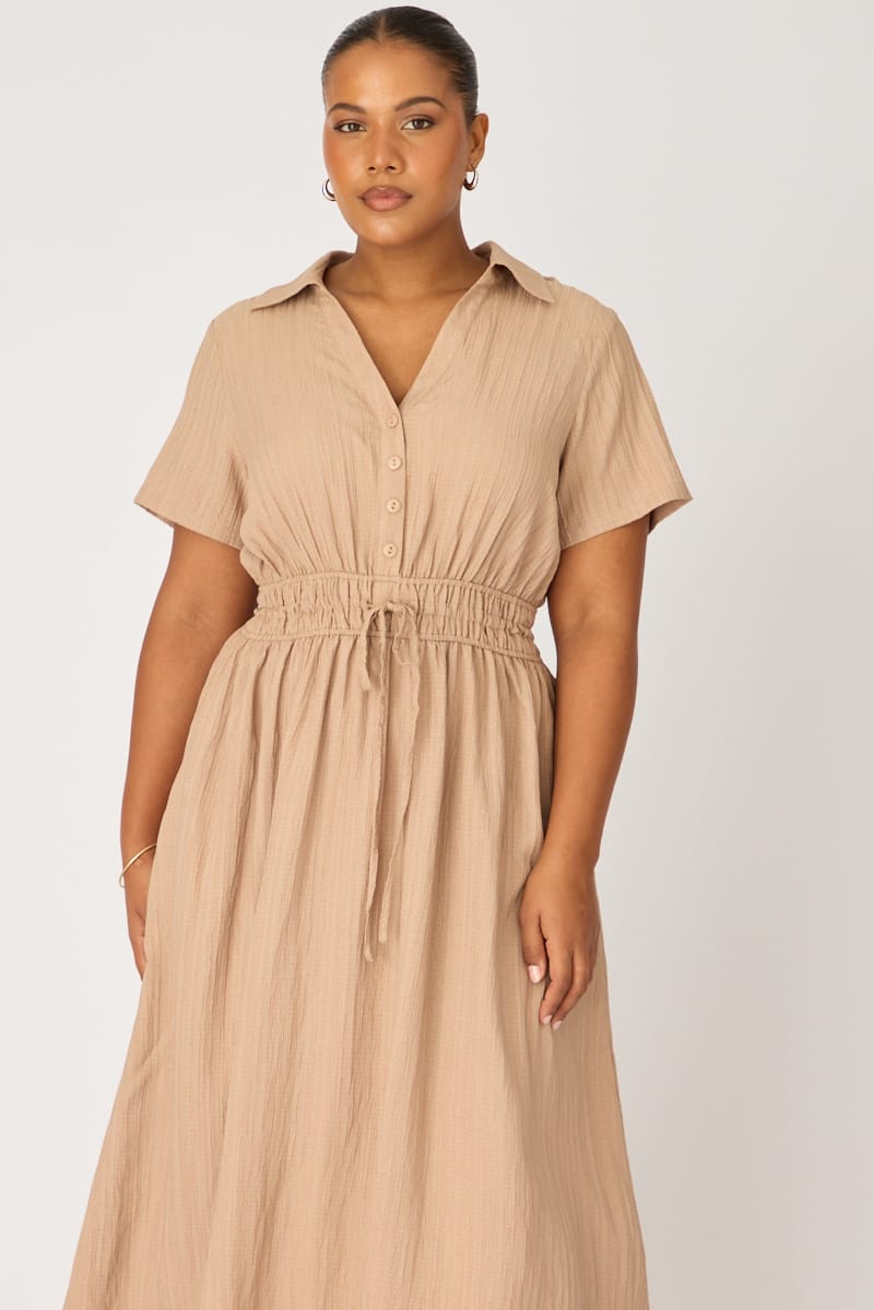 Beige Shirt Midi Dress Short Sleeve for YouandAll Fashion