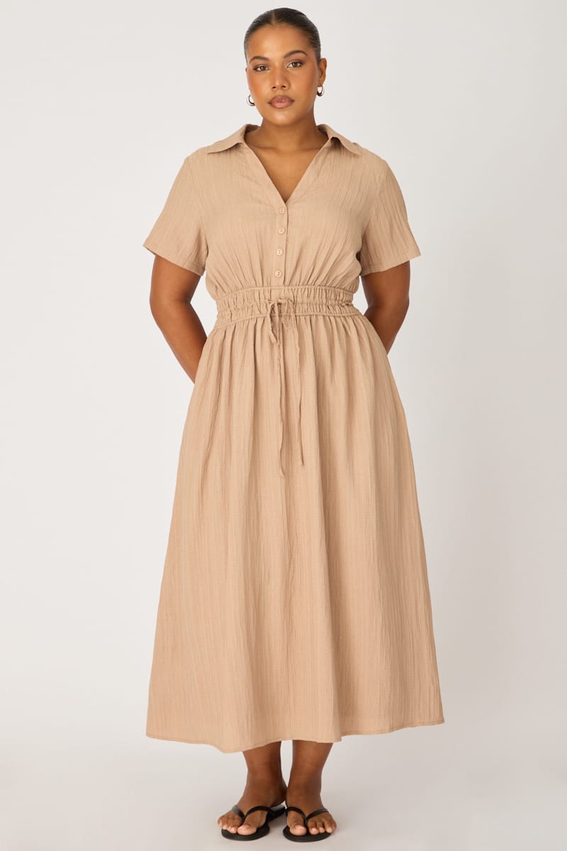 Beige Shirt Midi Dress Short Sleeve for YouandAll Fashion