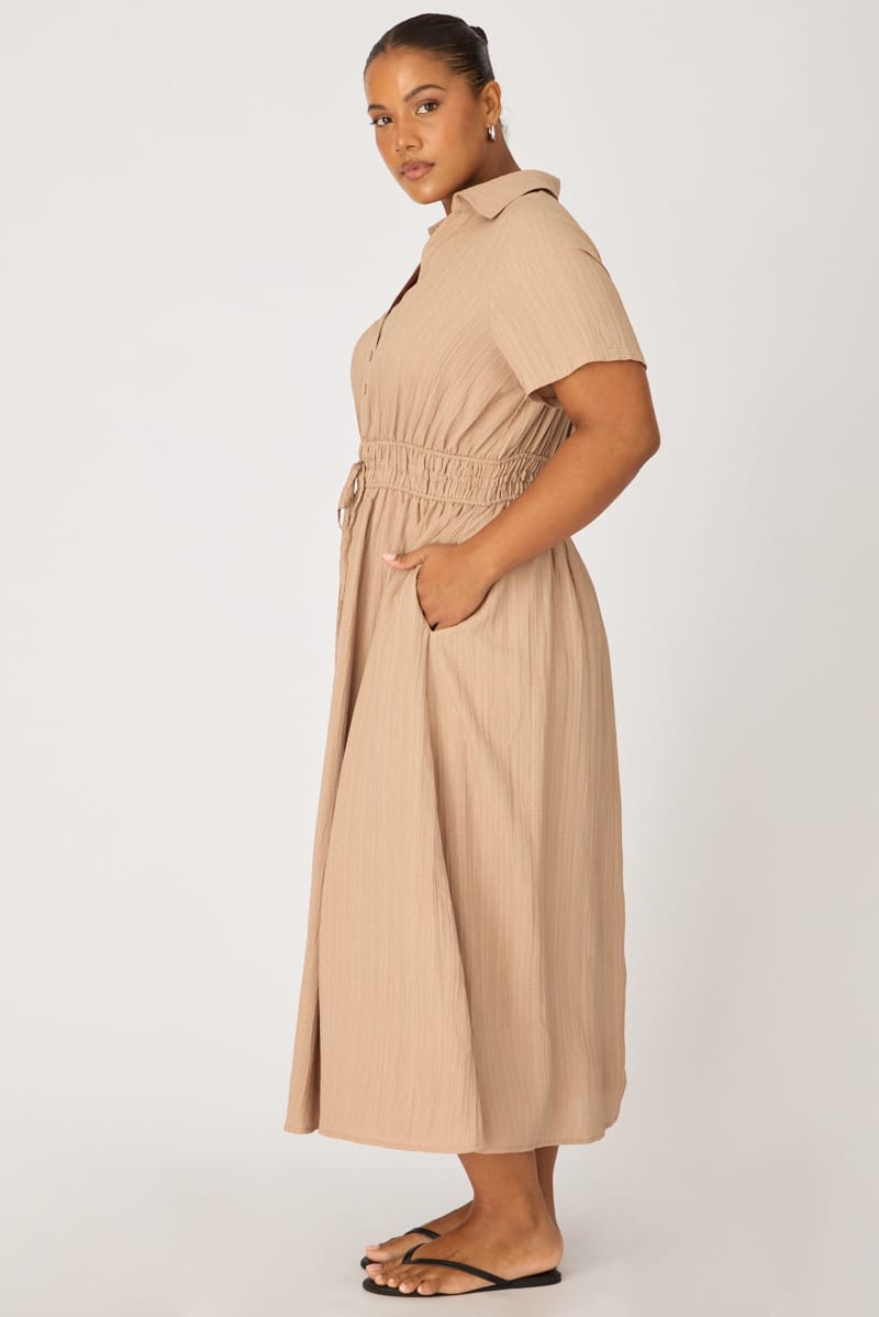 Beige Shirt Midi Dress Short Sleeve for YouandAll Fashion