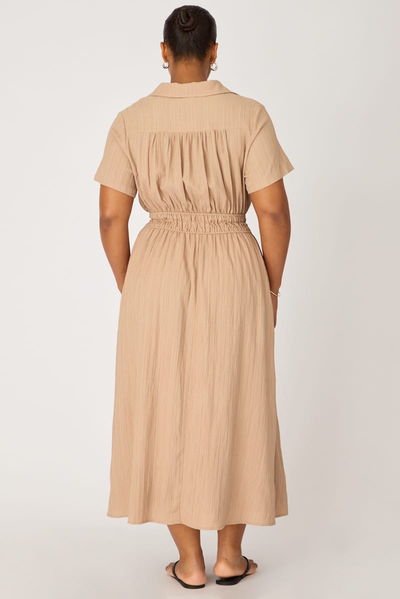 Beige Shirt Midi Dress Short Sleeve for YouandAll Fashion