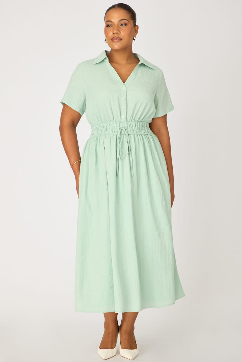 Green Shirt Midi Dress Short Sleeve for YouandAll Fashion