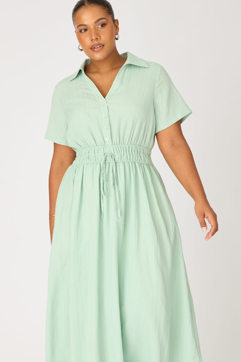 Green Shirt Midi Dress Short Sleeve for YouandAll Fashion