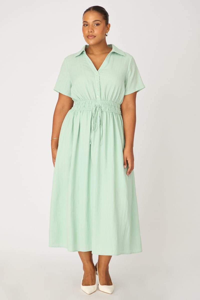 Green Shirt Midi Dress Short Sleeve for YouandAll Fashion