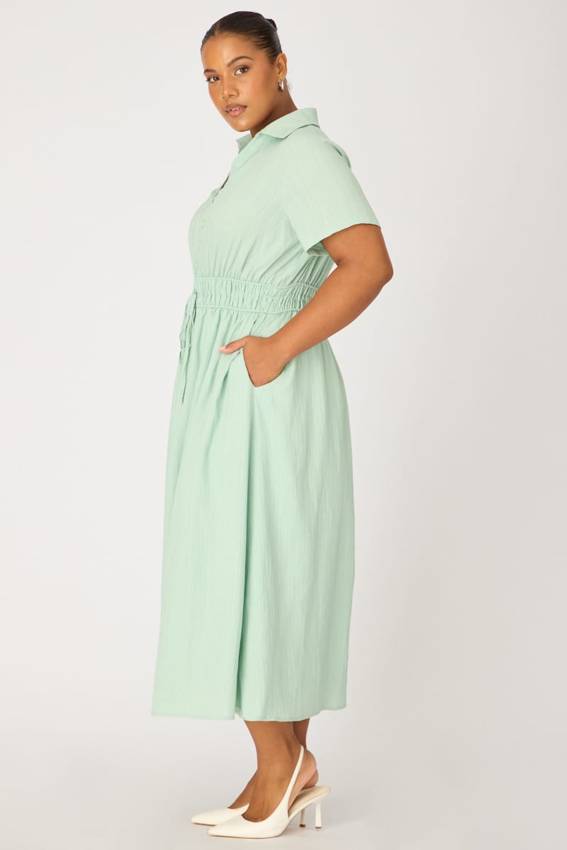 Green Shirt Midi Dress Short Sleeve for YouandAll Fashion