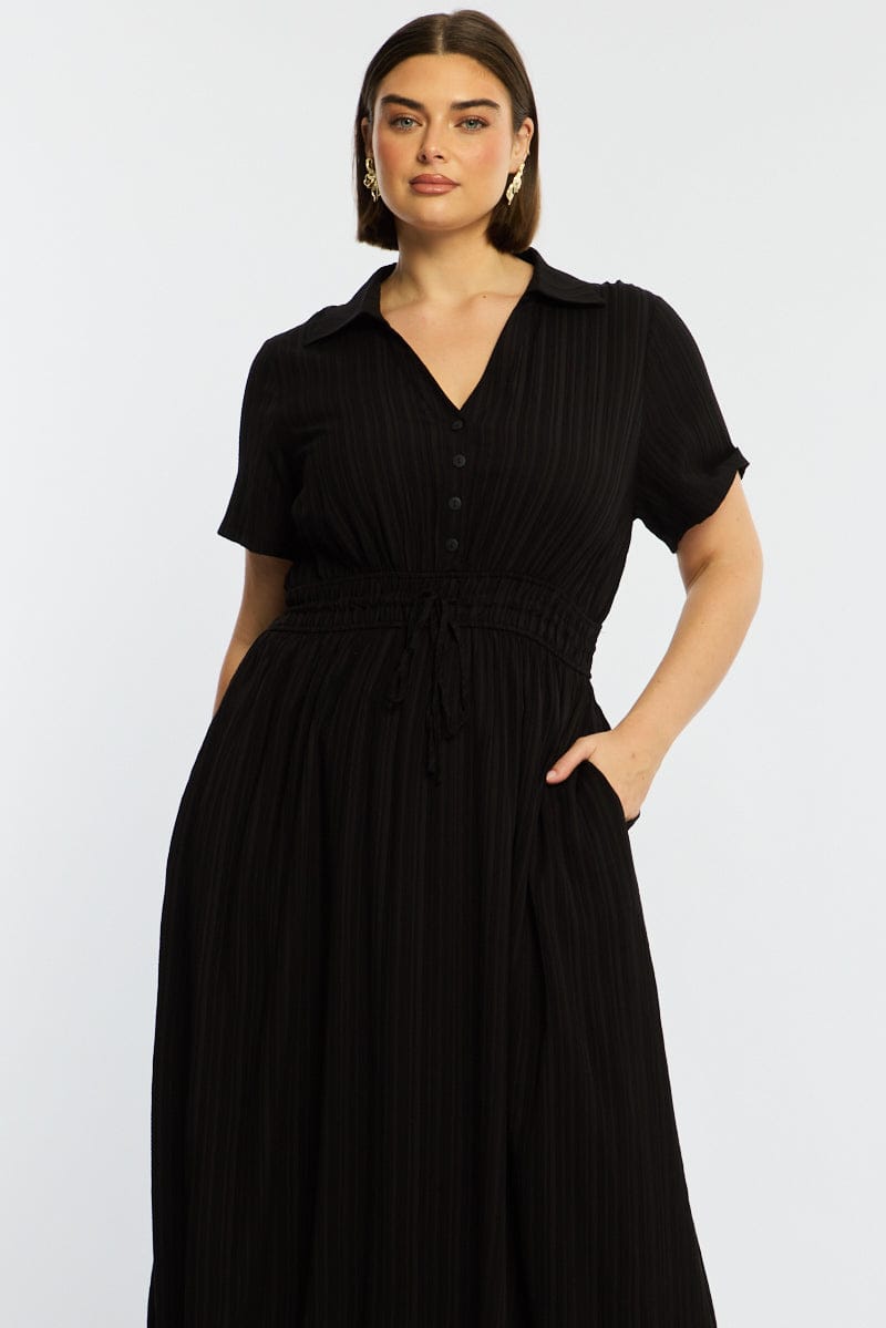 Black Midi Shirt Dress Short Sleeve Textured for YouandAll Fashion