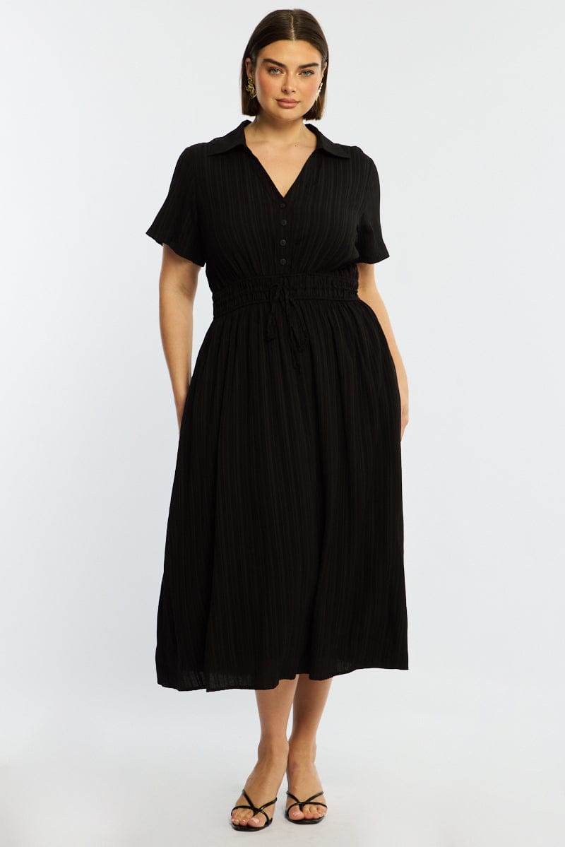 Black Midi Shirt Dress Short Sleeve Textured