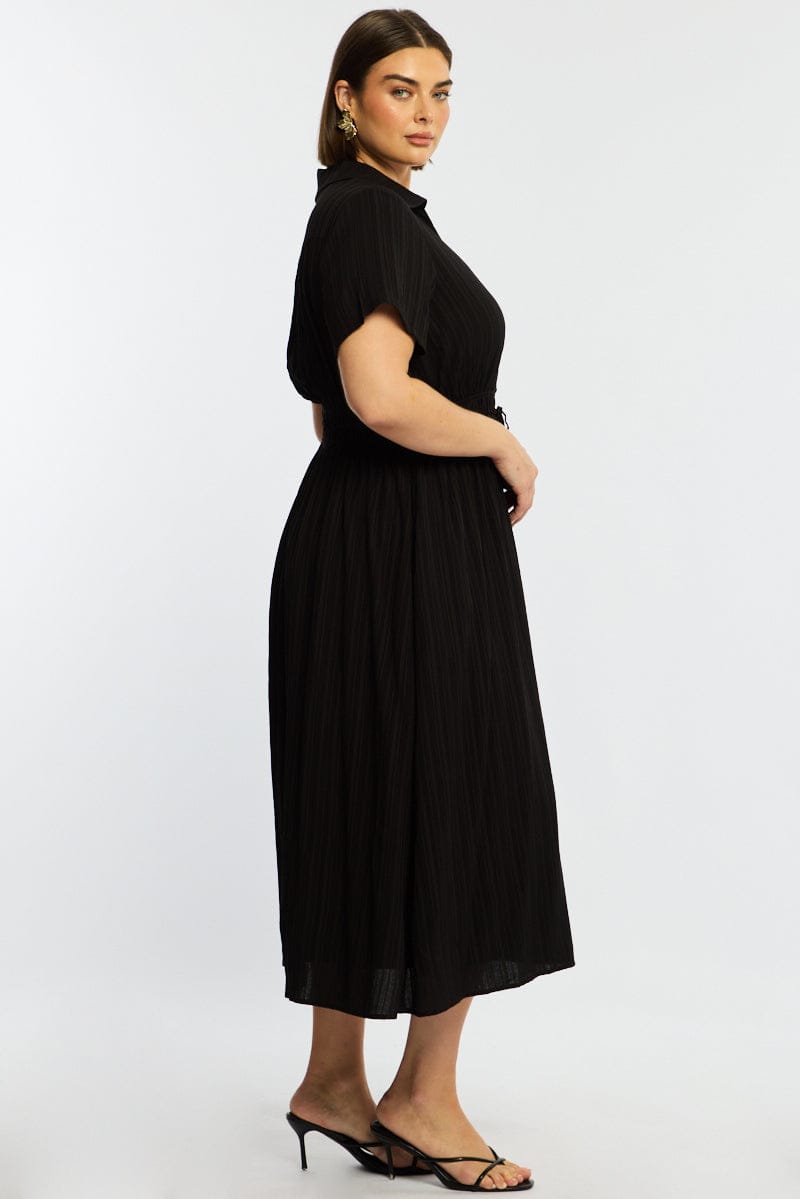 Black Midi Shirt Dress Short Sleeve Textured for YouandAll Fashion