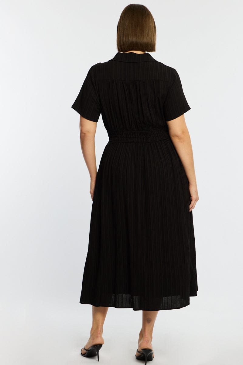 Black Midi Shirt Dress Short Sleeve Textured for YouandAll Fashion