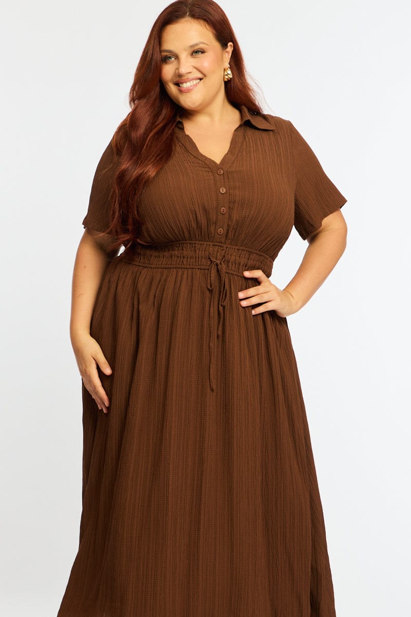 Brown Midi Shirt Dress Short Sleeve Textured for YouandAll Fashion