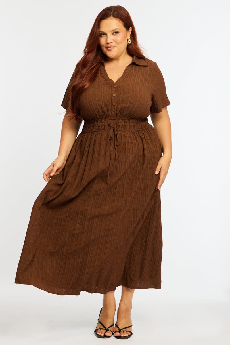 Brown Midi Shirt Dress Short Sleeve Textured for YouandAll Fashion