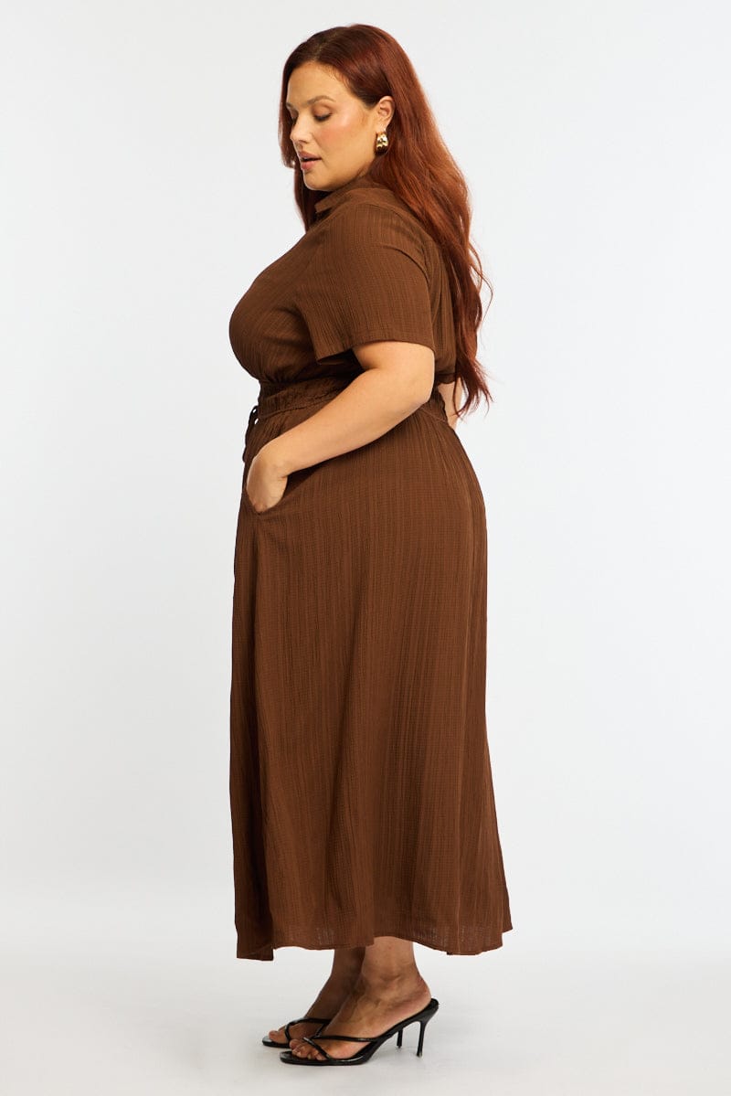Brown Midi Shirt Dress Short Sleeve Textured for YouandAll Fashion