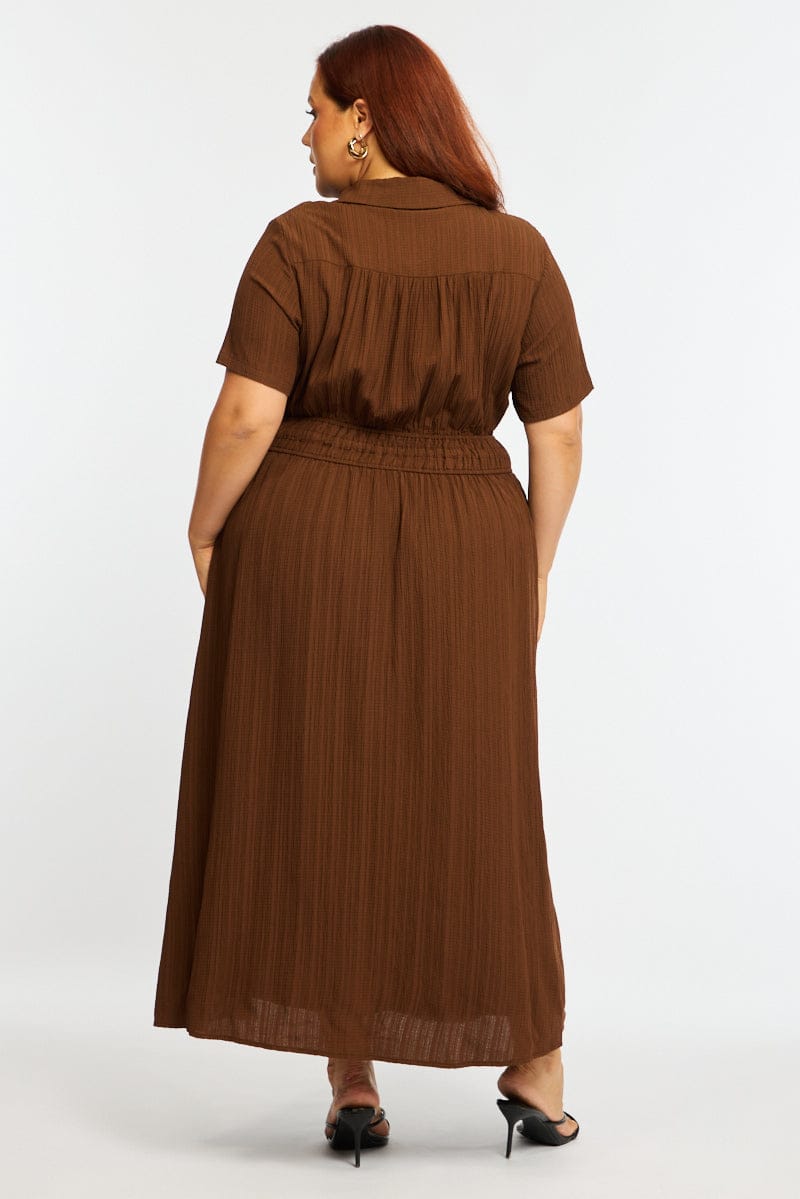 Brown Midi Shirt Dress Short Sleeve Textured for YouandAll Fashion