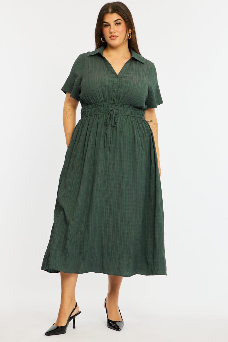 Green Midi Shirt Dress Short Sleeve Textured for YouandAll Fashion