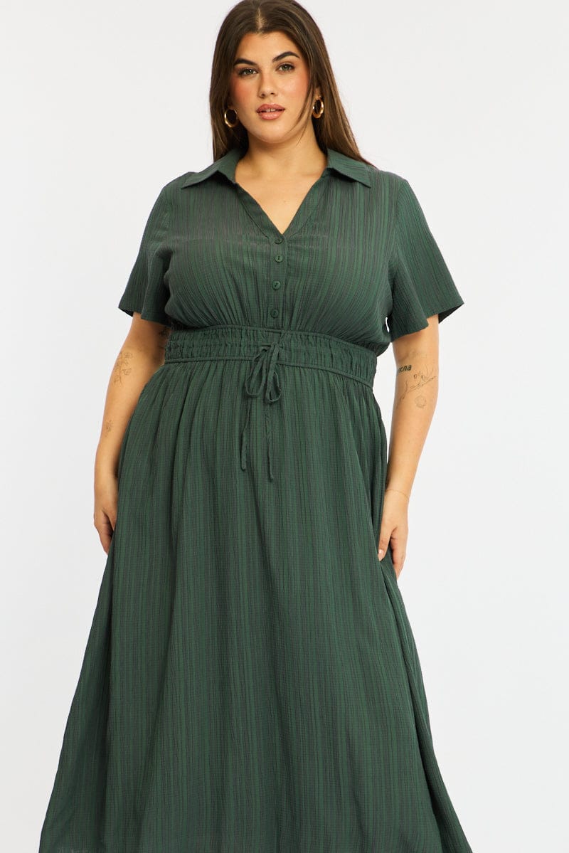 Green Midi Shirt Dress Short Sleeve Textured for YouandAll Fashion