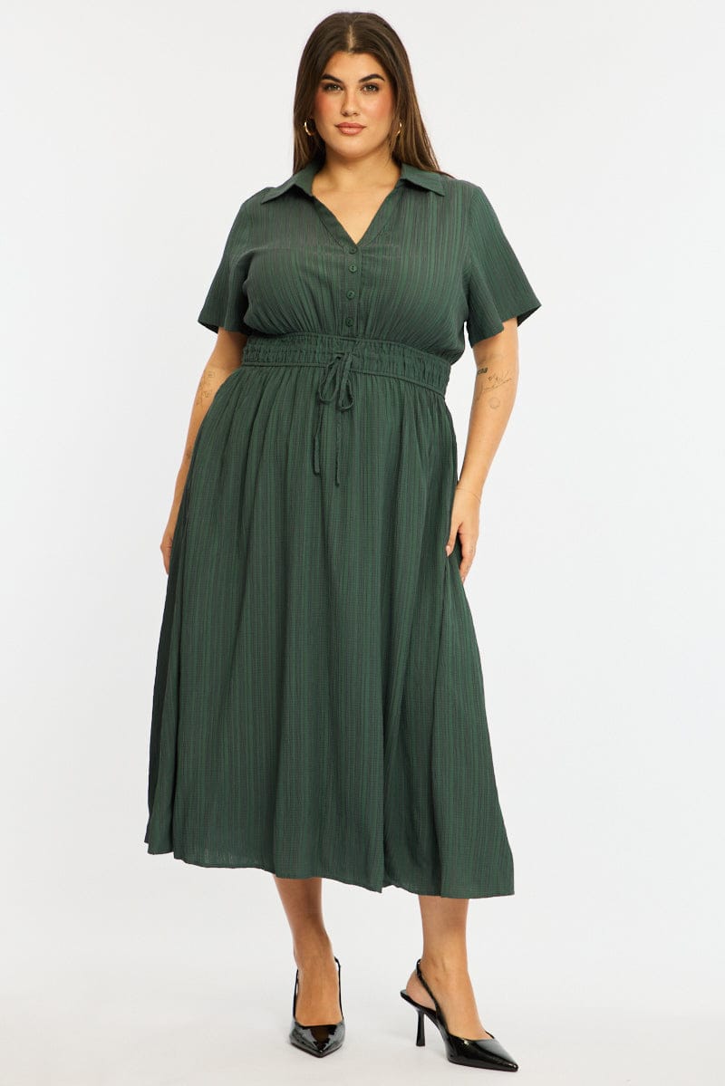 Green Midi Shirt Dress Short Sleeve Textured for YouandAll Fashion