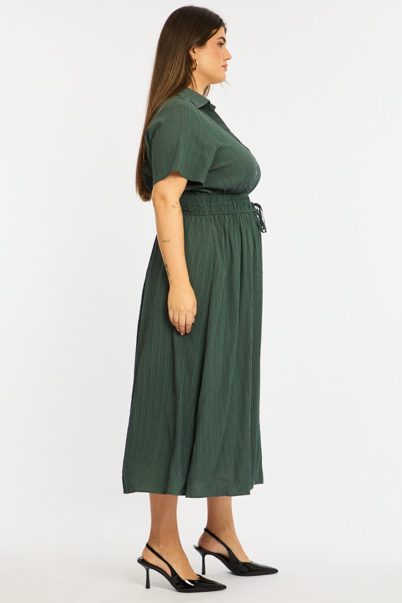 Green Midi Shirt Dress Short Sleeve Textured for YouandAll Fashion