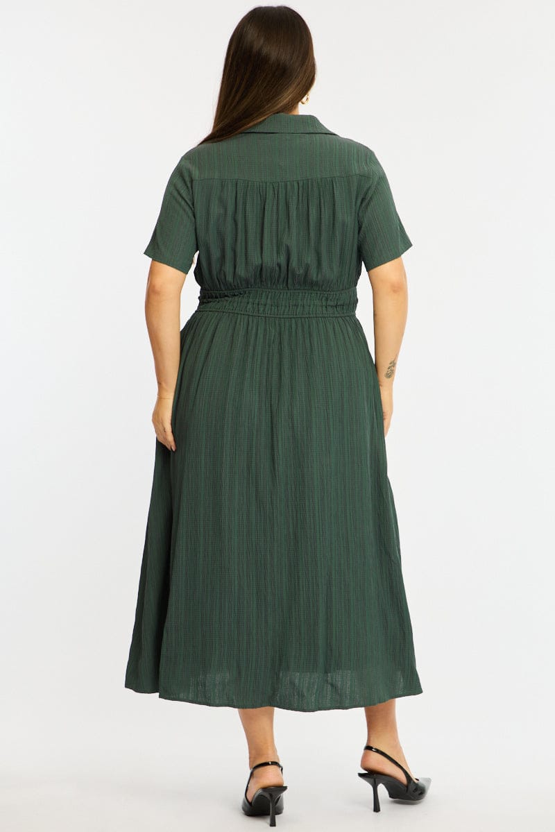Green Midi Shirt Dress Short Sleeve Textured for YouandAll Fashion