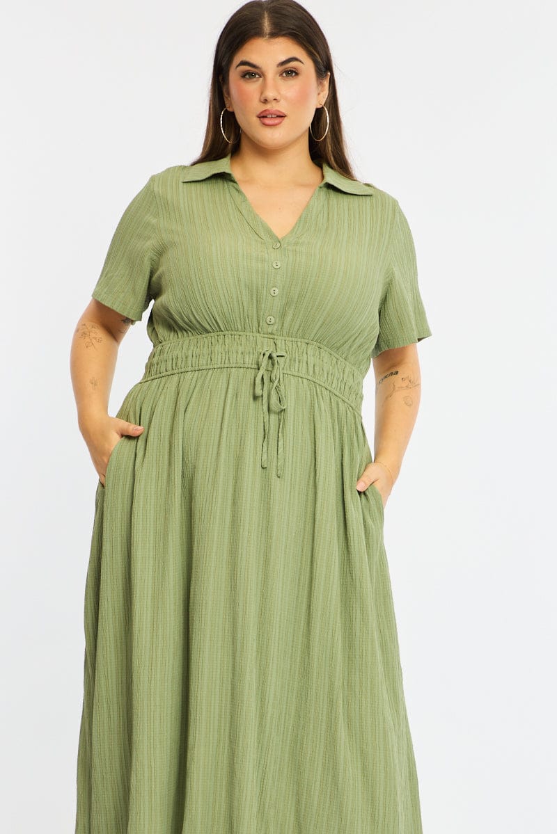 Green Midi Shirt Dress Short Sleeve Textured for YouandAll Fashion