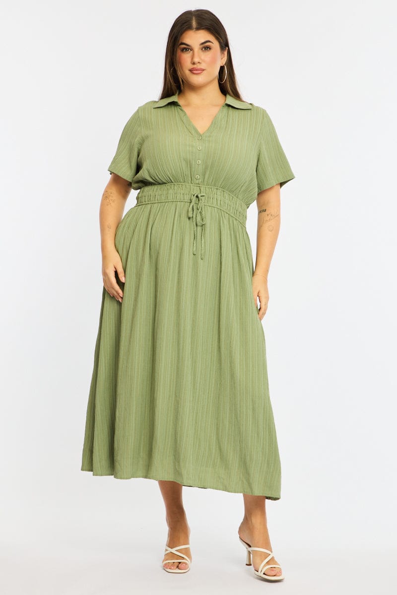 Green Midi Shirt Dress Short Sleeve Textured for YouandAll Fashion