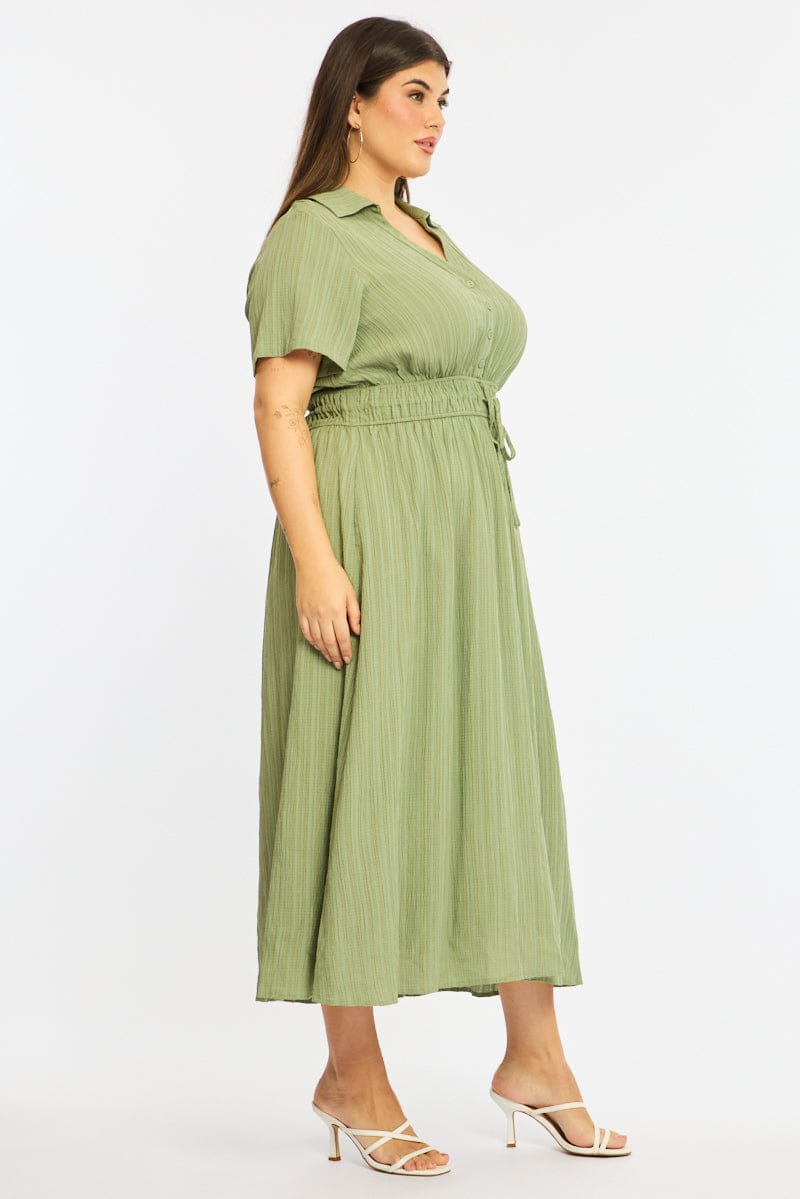 Green Midi Shirt Dress Short Sleeve Textured for YouandAll Fashion