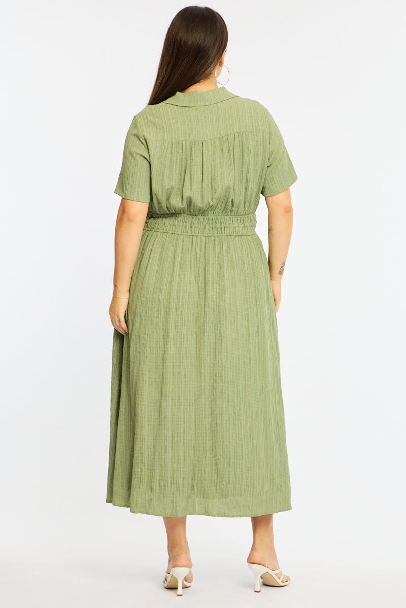 Green Midi Shirt Dress Short Sleeve Textured for YouandAll Fashion