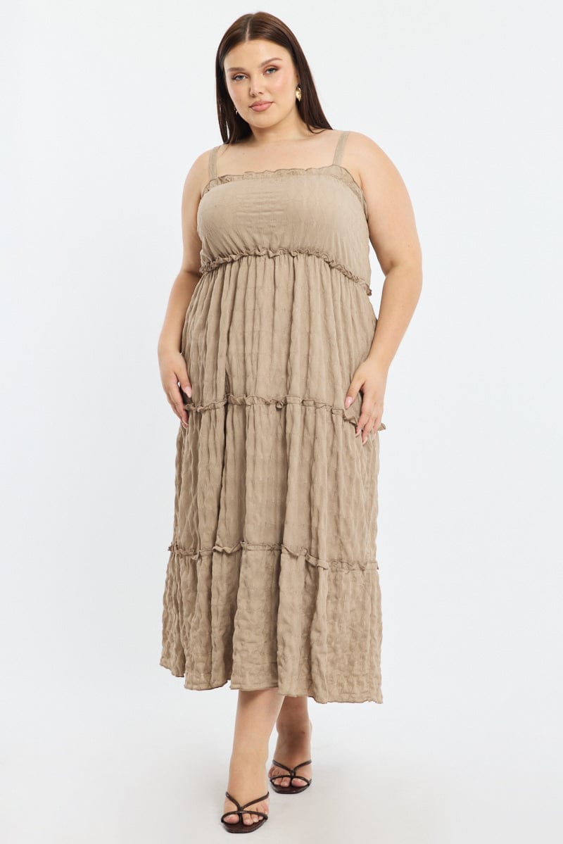 Brown Textured Maxi Dress Sleeveless Tiered for YouandAll Fashion
