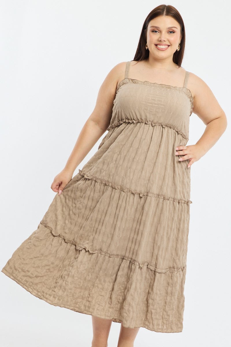 Brown Textured Maxi Dress Sleeveless Tiered for YouandAll Fashion