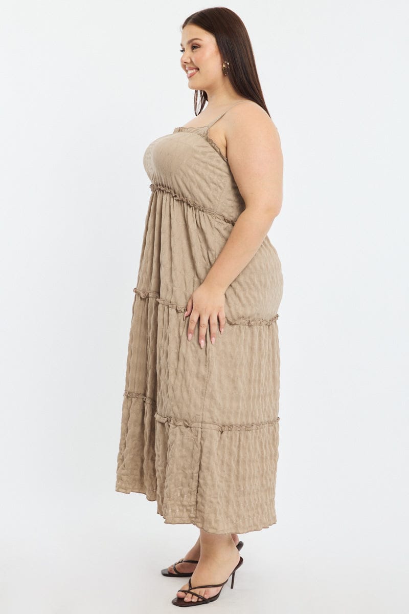 Brown Textured Maxi Dress Sleeveless Tiered for YouandAll Fashion