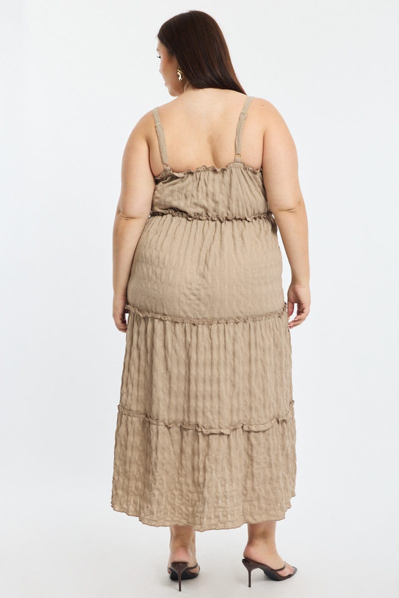 Brown Textured Maxi Dress Sleeveless Tiered for YouandAll Fashion