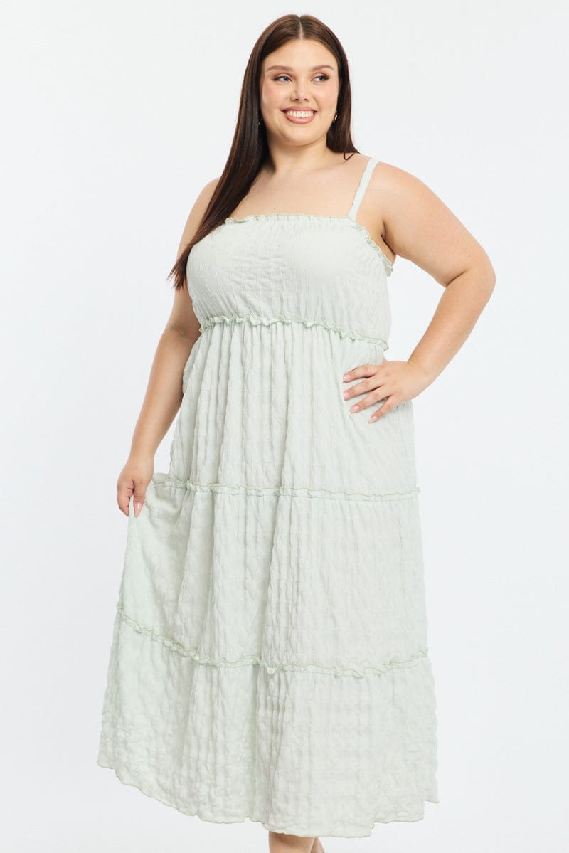 Green Textured Maxi Dress Sleeveless Tiered for YouandAll Fashion