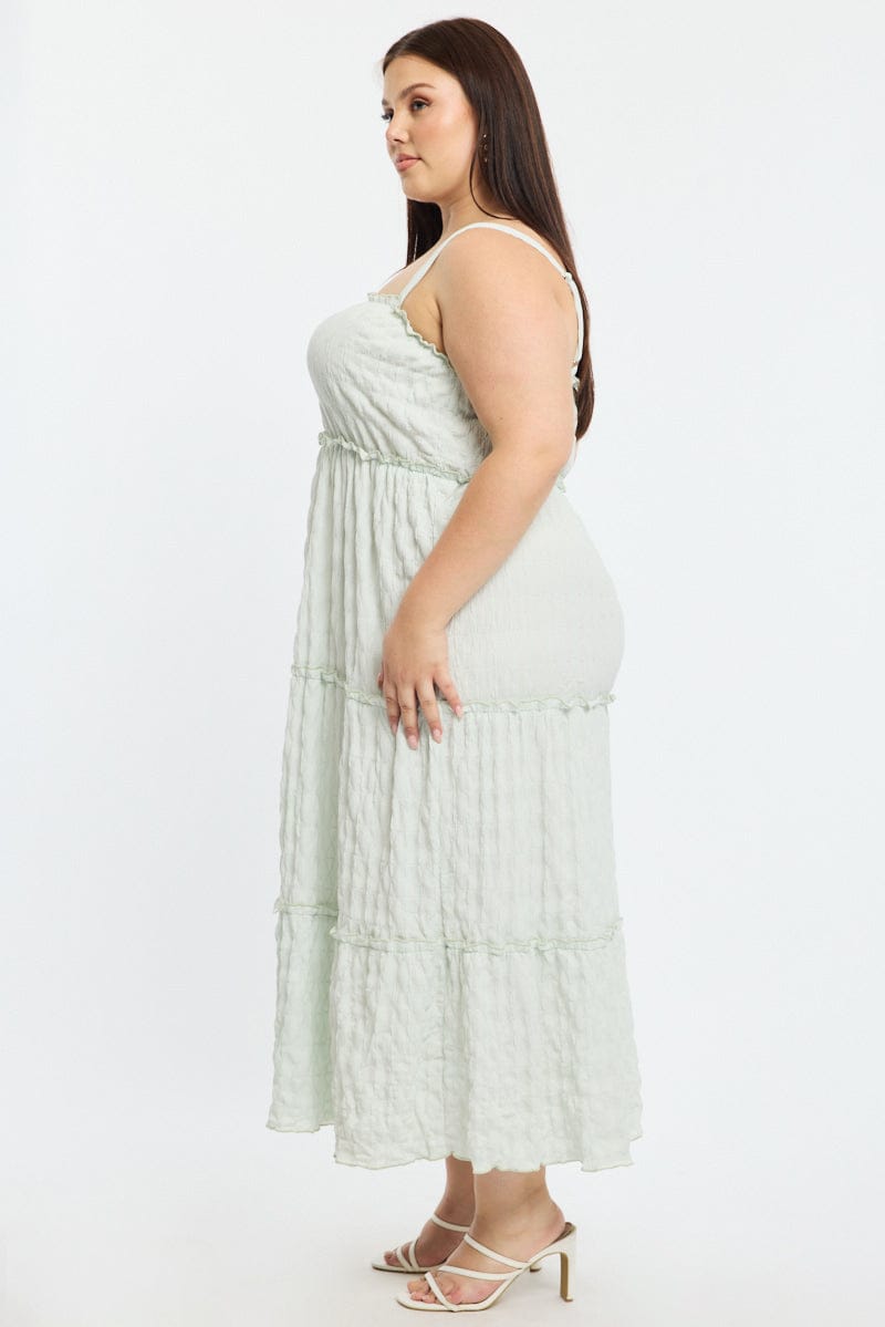 Green Textured Maxi Dress Sleeveless Tiered for YouandAll Fashion